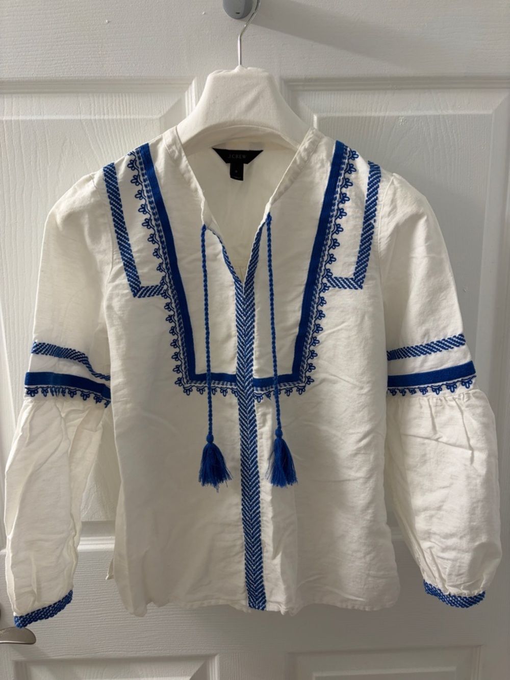 J. Crew White Blouse with Cobalt Blue Embroidery and Tassels Size 0